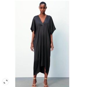 Black satin Zara midi dress with asymmetrical hem, Size M-L